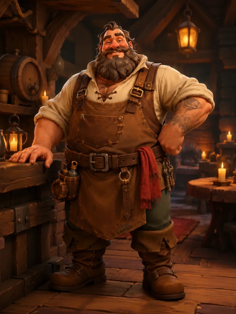 Gruff the Barkeep, a candlelit tavern keeper NPC