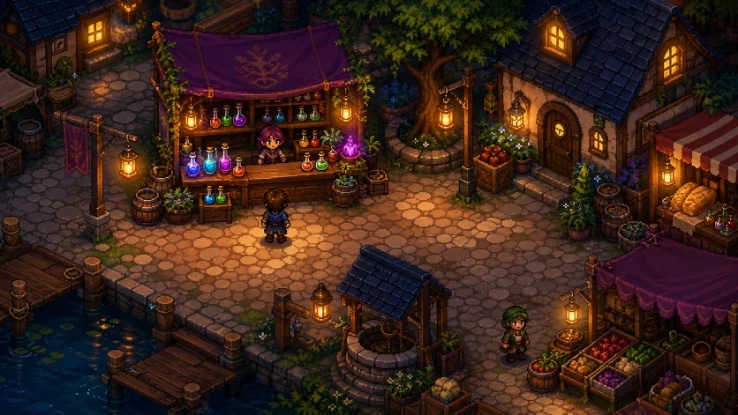 2D pixel-art fantasy market scene with a shopkeeper NPC