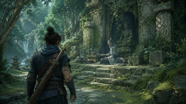 3D over-the-shoulder scene with a robed scholar NPC at a forest shrine
