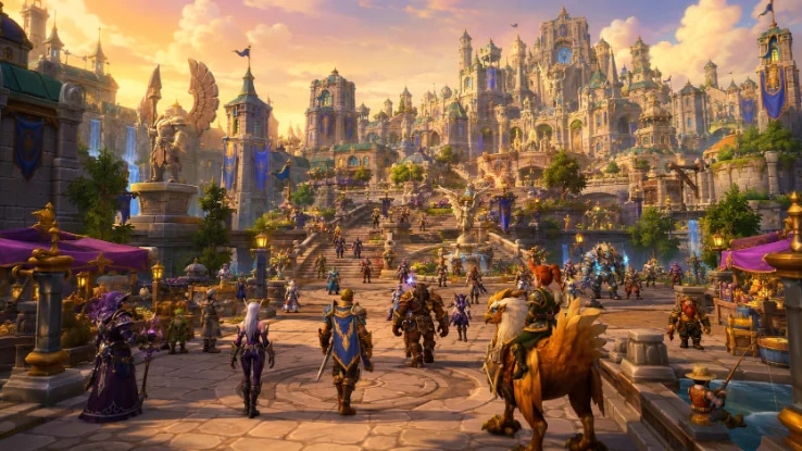 Wide vista of a crowded MMORPG capital city at golden hour